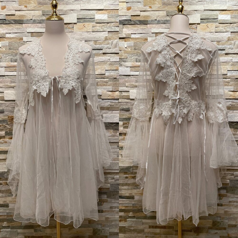 Bridal Lace Couture White Tulle Robe | Sheer Romantic Lace-Up Fairy Sleeves NWOT